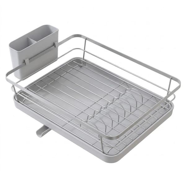 Silver Gray Stainless Steel Compact Dish Rack with Cutlery Holder and Drainboard for Kitchen Counter Organization