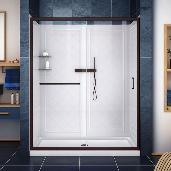 Infinity-Z 60 in. L x 36 in. W x 77 in. H Alcove Shower Door Kit with Shower Wall and Center Pan in Oil Rubbed Bronze