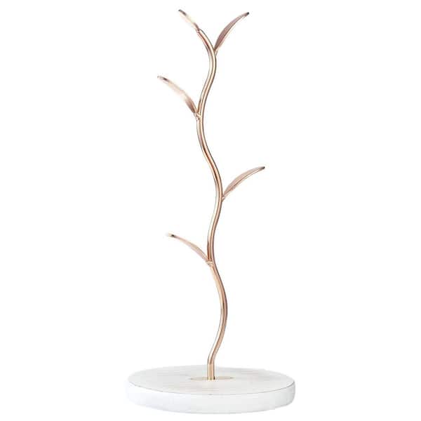 4-Hook Rose Gold Mug Tree Countertop Space-Saving Coffee Cup Rack with Natural Wood Base Kitchen Organizer Stand