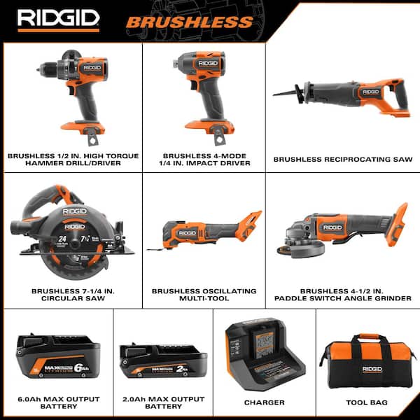 18V Brushless 6-Tool Combo Kit with 6.0 & 2.0 Ah MAX Output Battery, Charger & FREE (2-Pack) 2.0 Ah MAX Output Batteries