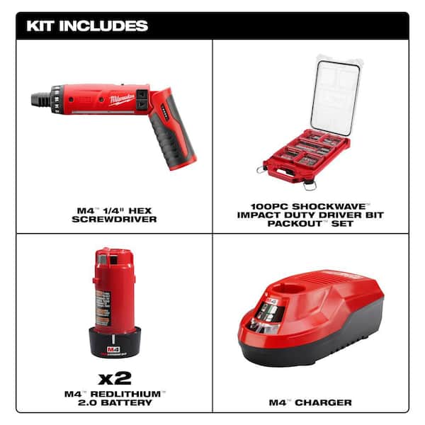 M4 4V 1/4 in. Hex Screwdriver 2-Battery Kit with 100-Pc SHOCKWAVE Bit Set w/ PACKOUT