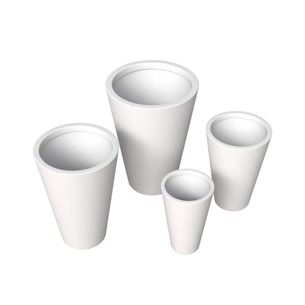 Pebble 4-Piece Fiberstone and MGO Clay Planter Set, Modern Tapered Round Planter Pot for Indoor and Outdoor (White)