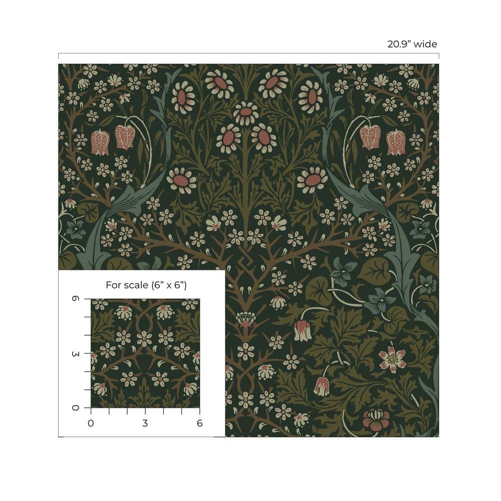 Victorian Garden Green Damask Self-Adhesive Peel and Stick Wallpaper