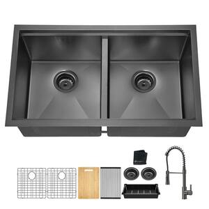 33 in. Gunmetal Black Stainless Steel Double Bowl Undermount Workstation Kitchen Sink with Black Spring Neck Faucet