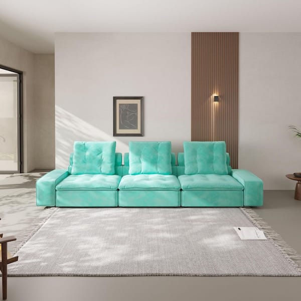 J&E Home 141.77 in. Square Arm Blue Velvet 3-Piece Modular Free Combination Sectional Sofa with Adjustable Backrest