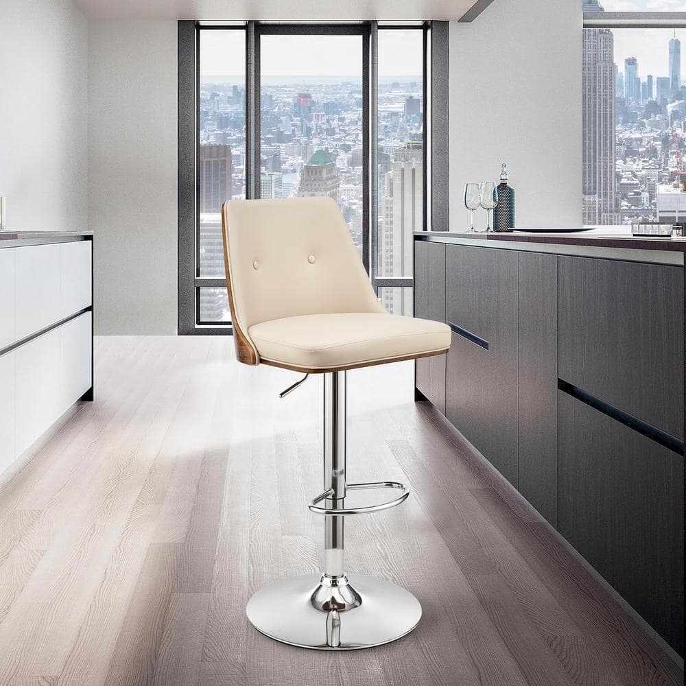 Cream Faux Leather and Walnut Adjustable Swivel Bar Stool