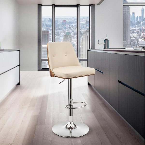 Jacob 36-44 in. H Cream/Walnut Wood High Back Adjustable Swivel Bar Stool with Chrome Base