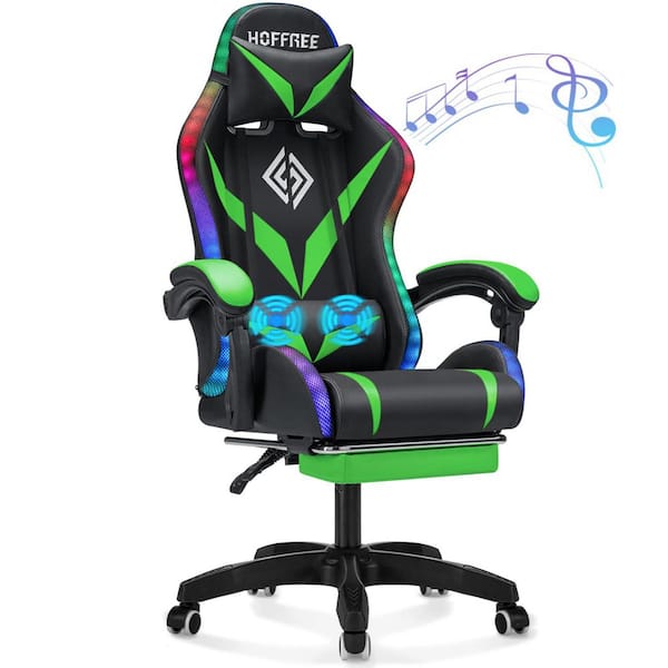 Hoffree Faxu Leather Bluetooth Speakers Massage LED Reclining Ergonomic Gaming Chair in Green with Footrest