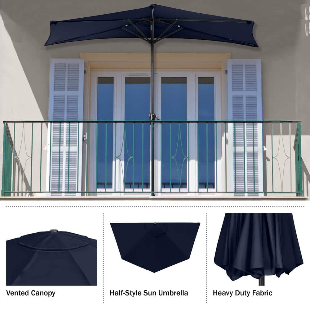Navy Blue 9ft Half Round Steel Patio Umbrella
