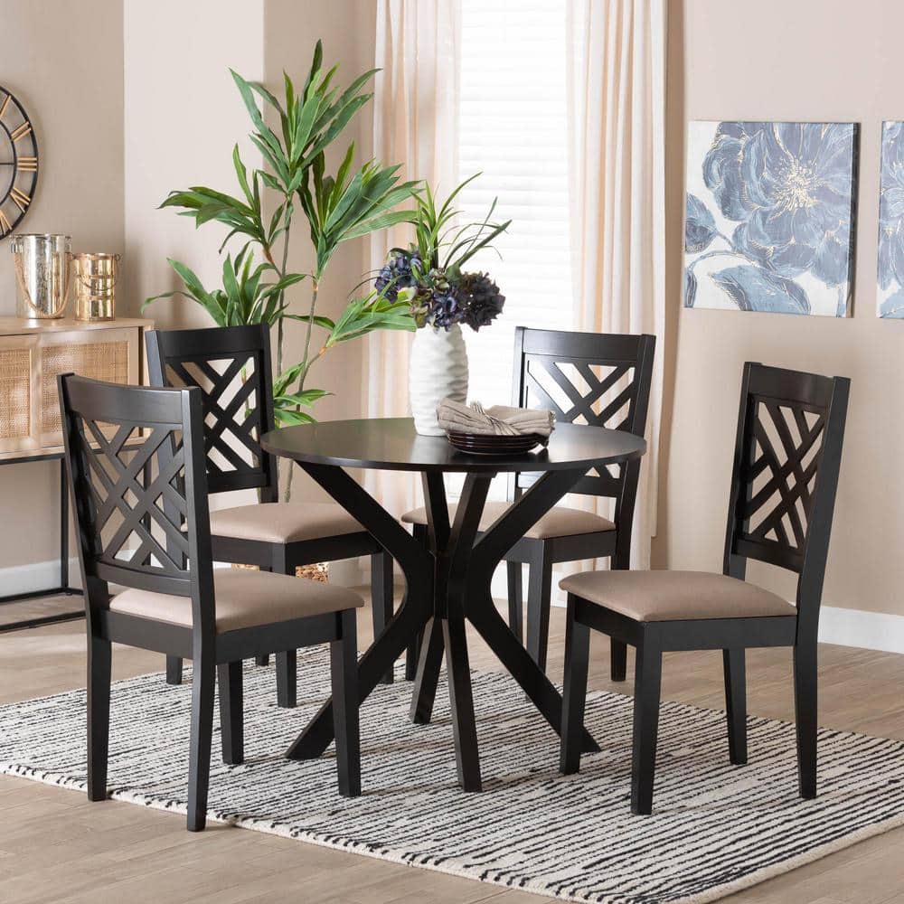 Norah Sand Fabric and Dark Brown Wood 5-Piece Dining Set