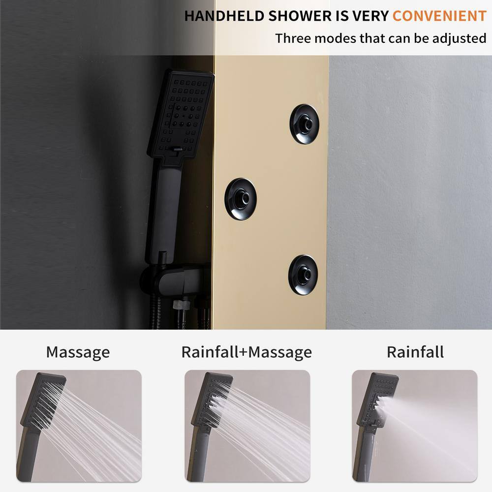 Gold Brushed 4-Jet Rainfall Shower Panel System with Handheld Wand