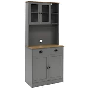Gray Engineered Wood Kitchen Pantry Cabinet Storage Hutch with Adjustable Shelves, Buffet Cupboard and Microwave Stand