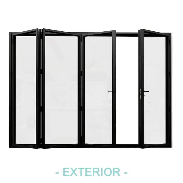 120 in. x 96 in. Left Swing/Outswing Double Tempered Glass Black Aluminum Folding Patio Door (3-folding plus 1-swing)