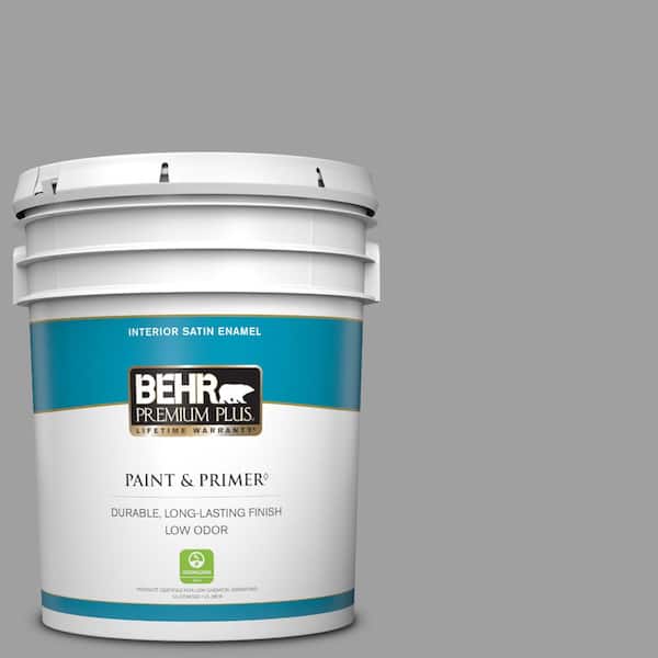 BEHR PREMIUM PLUS 5 gal. #PPU26-06 Elemental Gray Satin Enamel Low Odor Interior Paint & Primer