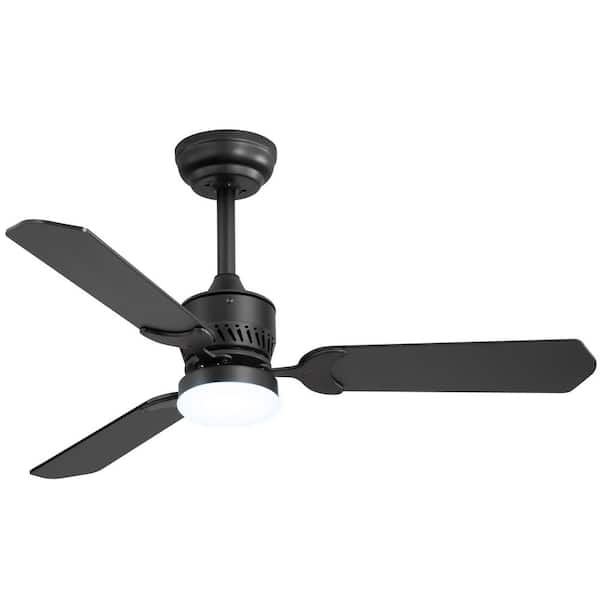 42 in. Black Covered Outdoor Downrod Mount Standard Ceiling Fan with Black/Wood Grain Blades, LED and Remote Included