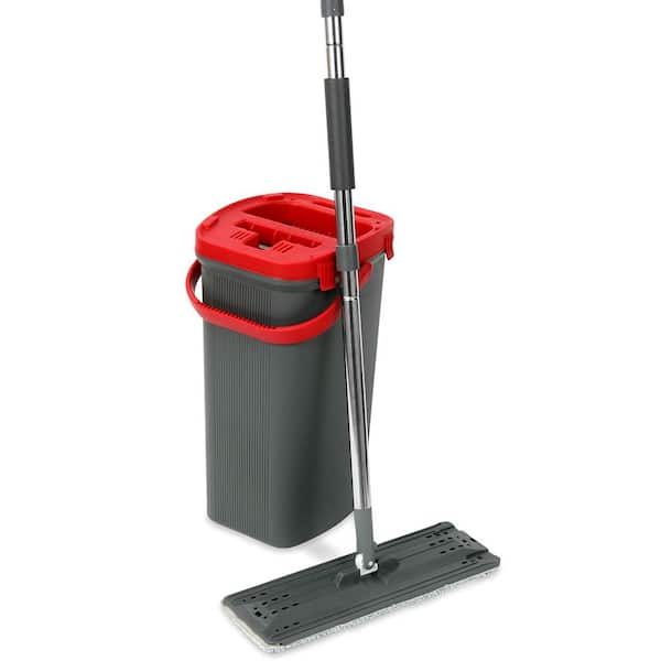 THE CLEAN STORE Black/Red Professional Flat Floor Mop and Bucket Set with Washable Microfiber Pad 2 Gal.