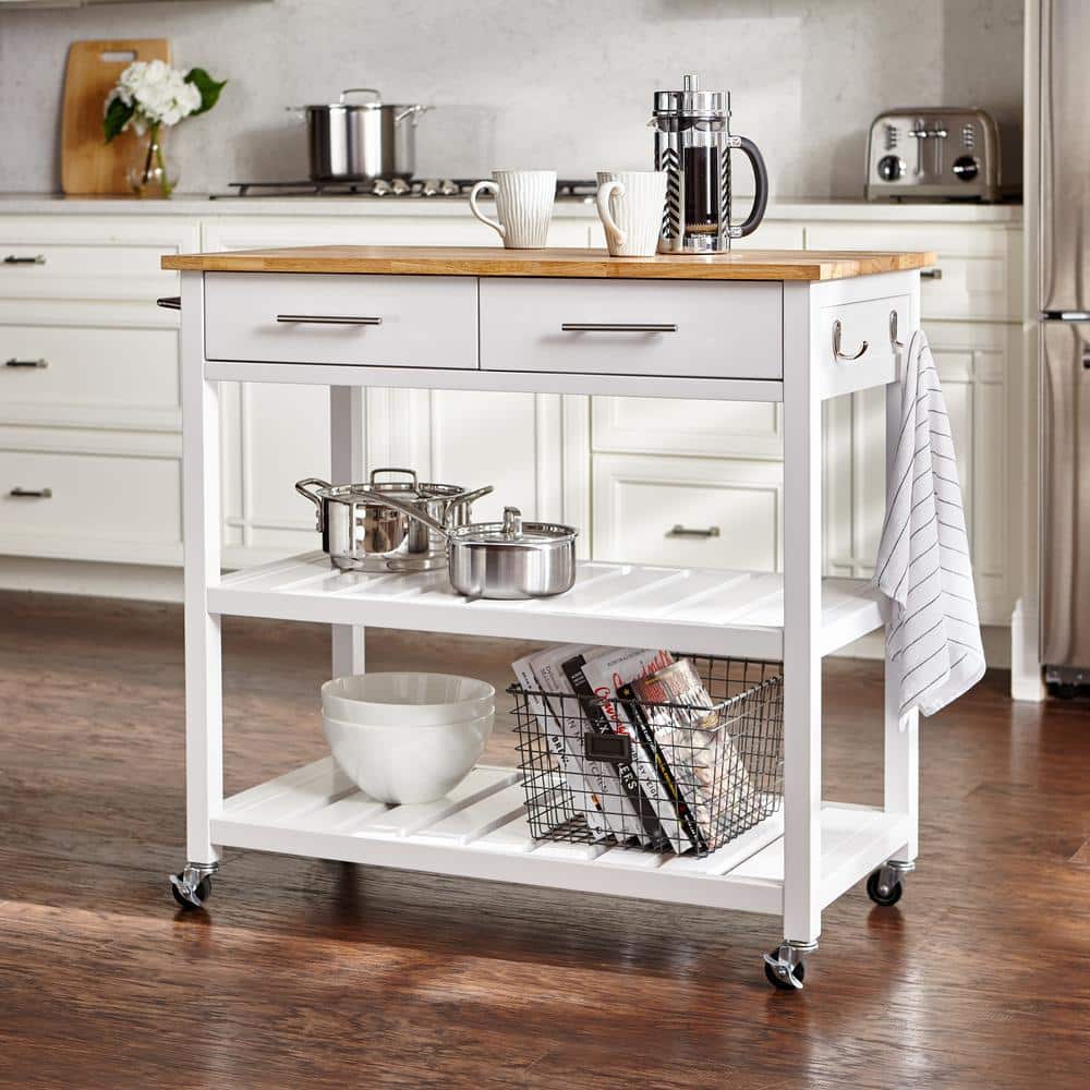 StyleWell Glenville Black Double Drawer Kitchen Cart with Butcher Block Top and Locking Wheels (42 W)