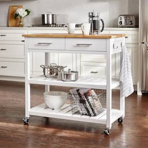 Glenville Cream White Rolling Kitchen Cart with Butcher Block Top, Double-Drawer Storage and Open Shelves (36'' W)