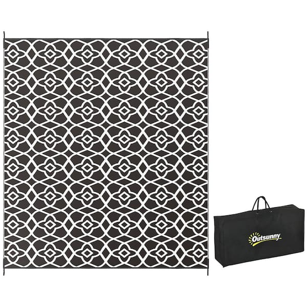 Otryad 8' x 10' Reversible Outdoor Rug, Waterproof Plastic Straw Floor Mat Portable RV Camping Carpet in Black and White Clover