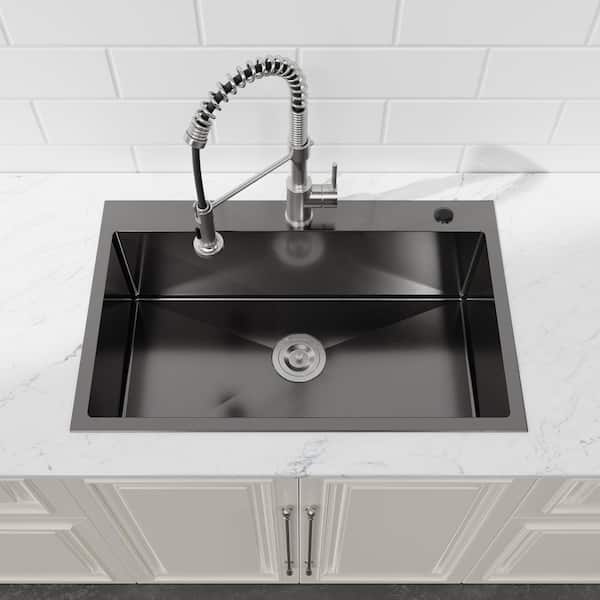 TMS 30 in. L x 19 in. W Black Drop-in/Undermount Single Bowl Steel Kitchen Sink with Strainers