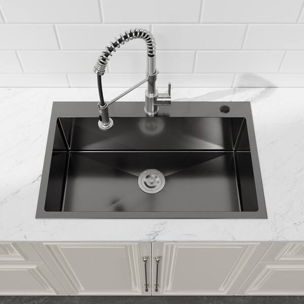 TMS 30 in. L x 19 in. W Black Drop-in/Undermount Single Bowl Steel Kitchen Sink with Strainers