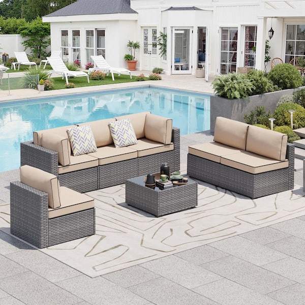7-Piece Wicker Outdoor Sectional Sofa Set with Khaki Cushions