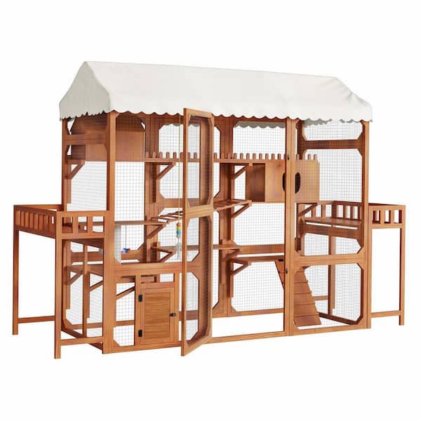 9 ft. W x 3 ft. D Outdoor Wood Shed Outdoor Cat Enclosure w/Resting Box Climbing Ramps and Wire Mesh, Brown (27 sq. ft.)
