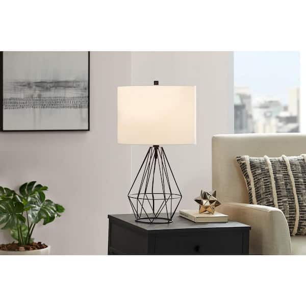 Hampton Bay Winfield 23 in. 1-Light Black Indoor Geometric Metal Table Lamp with Fabric Lamp Shade