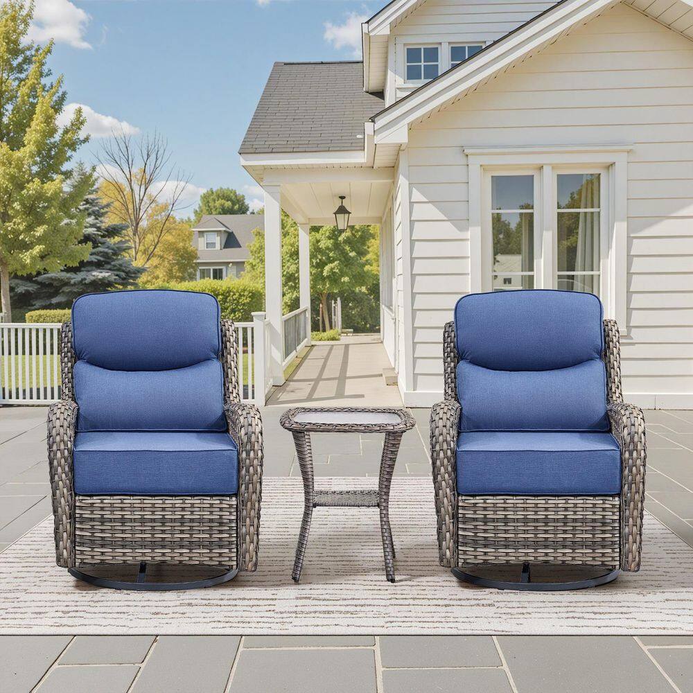 Holion 3-Piece Gray Swivel Glider Wicker Outdoor Rocking Chair Sets with 6 in. Thick Blue Cushions and Side Table price history on PriceWatchPro