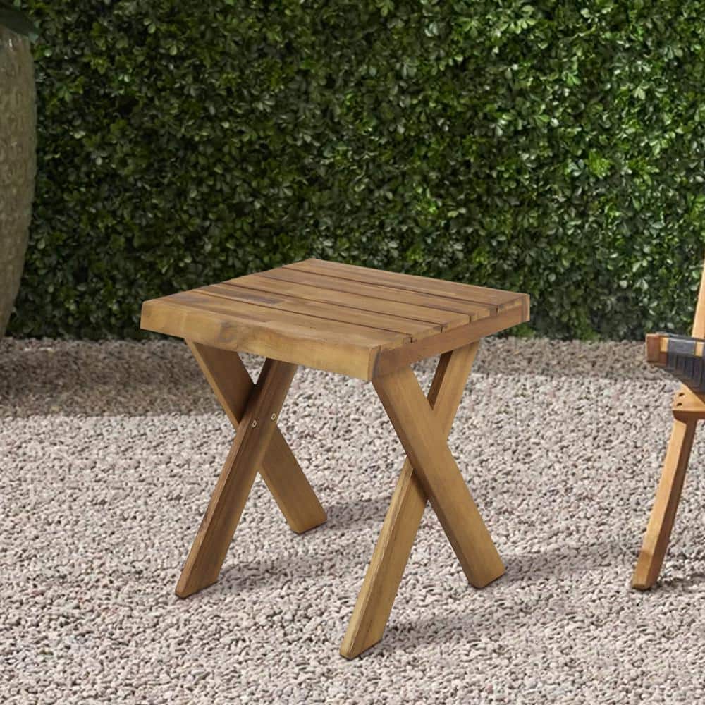 Sandblasted Teak Acacia Wood Cross Base Side Table
