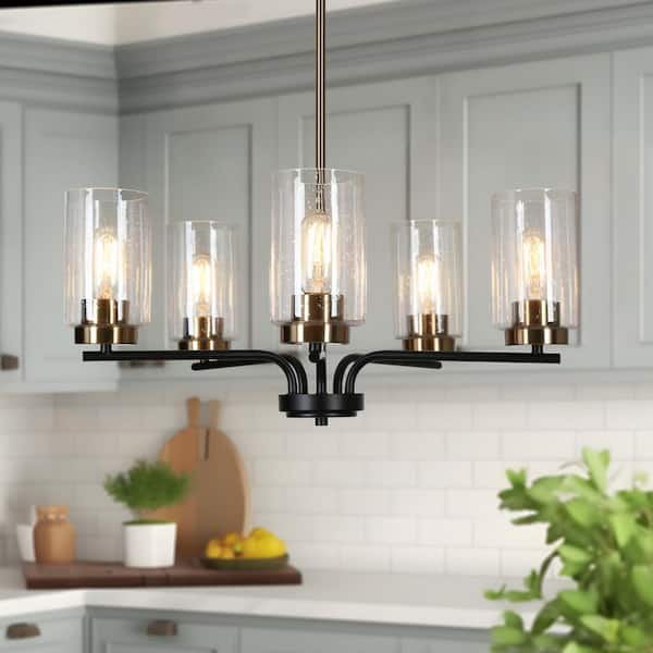 Zevni 24 in. 5-Light Black Round Pendant Light, Brass Gold Island Chandelier, Modern Seeded Glass Dining Room Chandelier