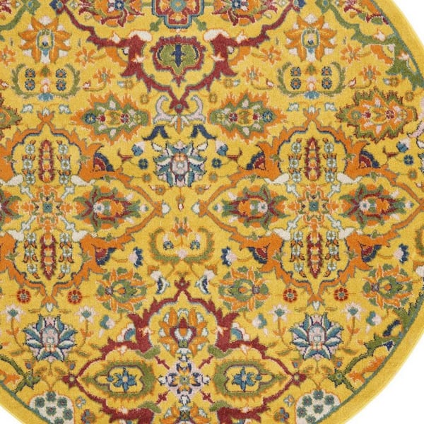 5 ft. Round Yellow Floral Washable Area Rug