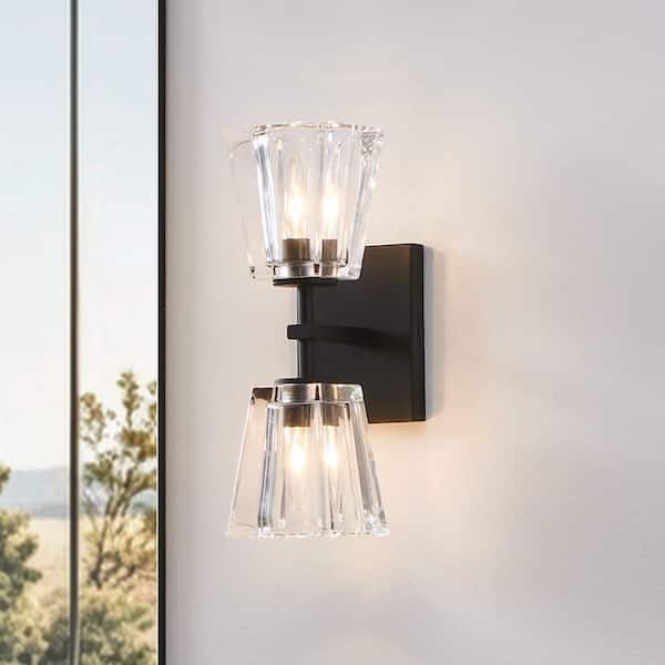 Valentin 13-in. 2-light Matte Black Vanity Light with Clear Pressed Glass Shades
