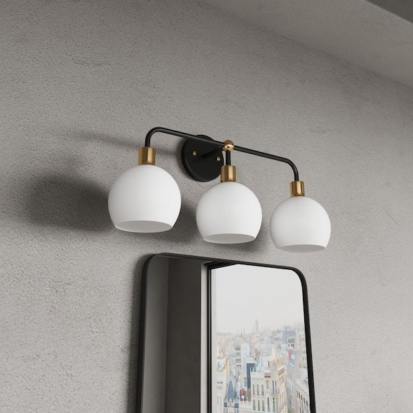 aiwen Modern 22.83 in. 3-Light Black Bathroom Vanity Light Fixtures Over Mirror with White Globe Shades