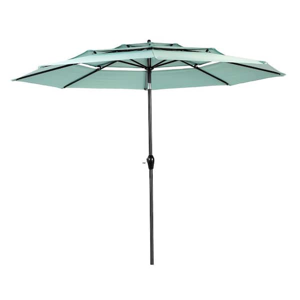HOMEFUN 10 ft. Aluminium Outdoor Patio Umbrella 3 Tier Auto-Tilt Market Umbrella with Crank Tilt in Light Green