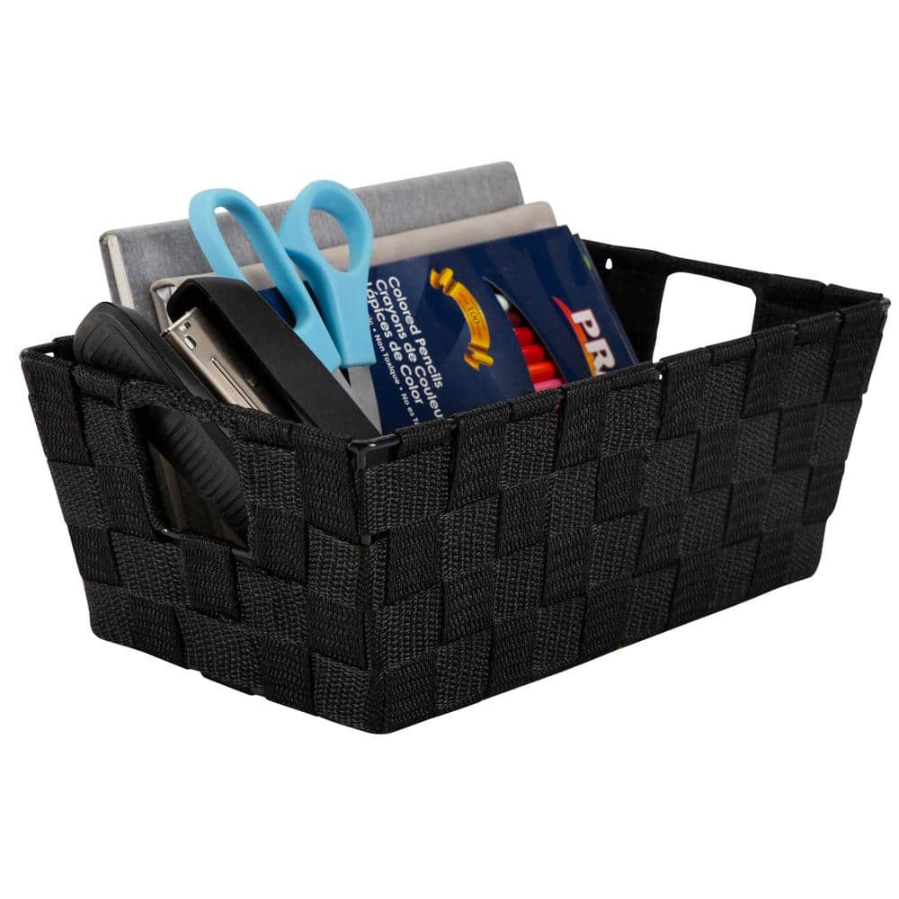 Small Black Woven Polypropylene Storage Baskets with Handles, Set of 2