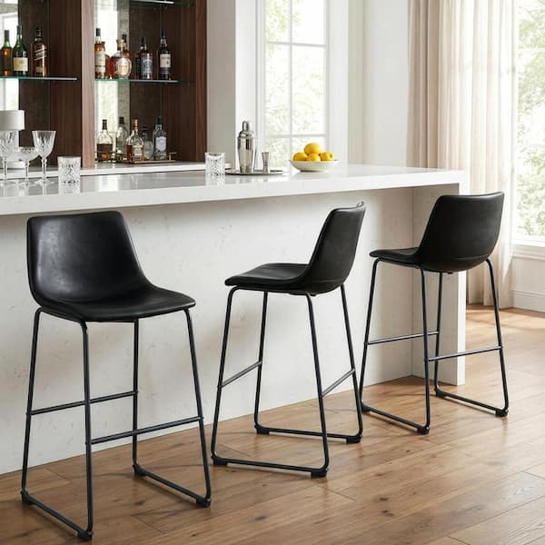 Glamour Home Set of 2 Adan Iron Frame Black Faux Leather Bar Stool
