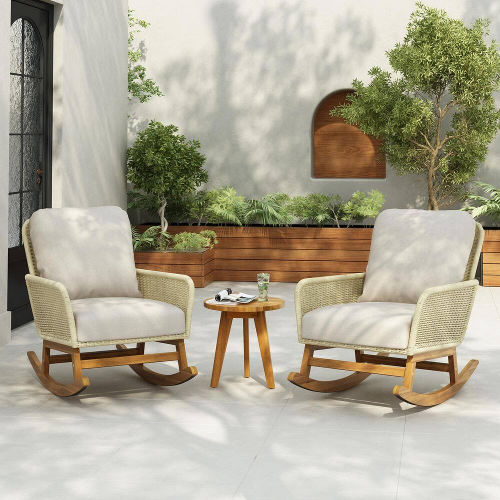 Emerson Modern 3-Piece Wood Patio Chat Set Outdoor Rocking Lounge Chairs with Ivory Cushions, Side Table, Natural price history on PriceWatchPro