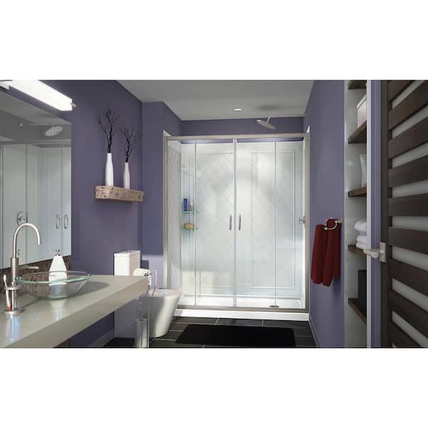 Visions 60 in. W x 32 in. D x 76-3/4 in. H Semi-Frameless Shower Door in Brushed Nickel with White Base and Backwalls
