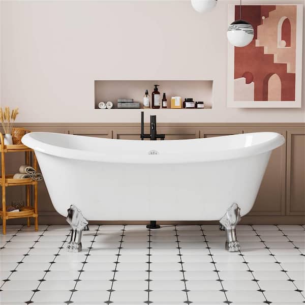 INSTER Victoria 67 in. Modern Luxury Acrylic Freestanding Oval Shaped Double Slipper Clawfoot Non-Whirlpool Bathtub in White