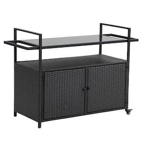 PE Rattan Wicker Outdoor Bar Cart Mobile Serving Cart Trolley Rolling Patio Counter Table with Storage and Wheels, Black