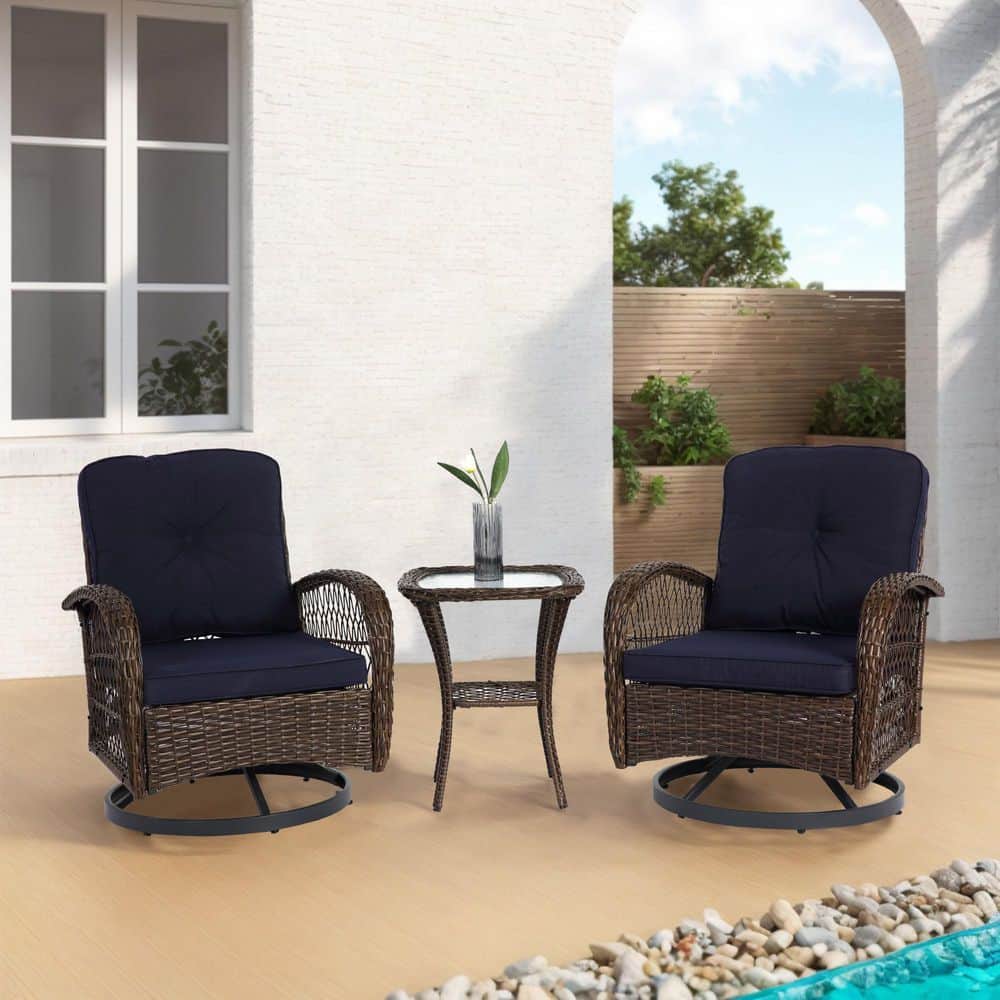 3-Piece Rattan Wicker Patio Conversation Set Outdoor Swivel Bistro Set with Navy Cushions and Glass Top Coffee Table price history on PriceWatchPro