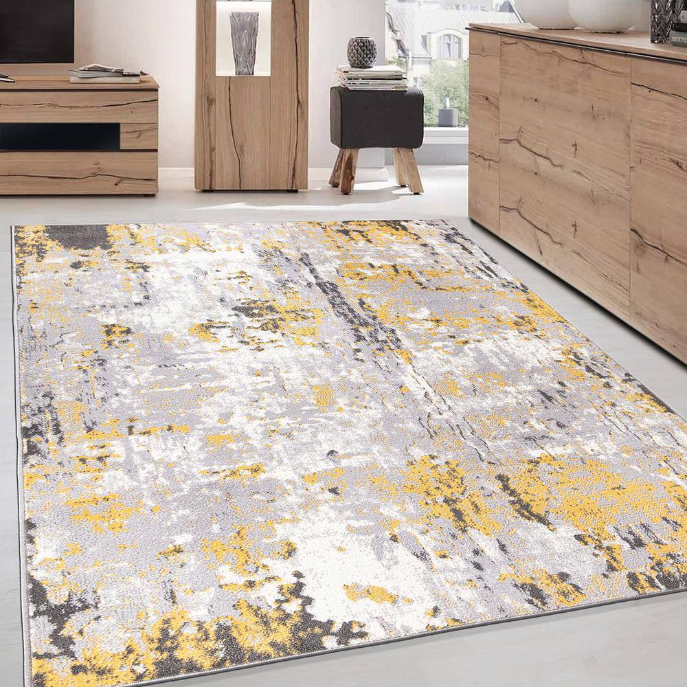 Yellow and Gray Abstract 5' x 7' Synthetic Area Rug