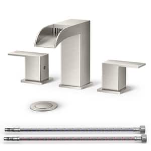 Waterfall 8 in. Widespread Double Handle Bathroom Faucet with Drain Kit 3-Hole Vanity Sink Set in Brushed Nickel