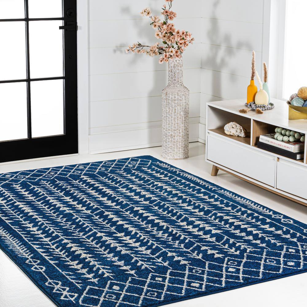 Navy and Cream Synthetic Moroccan Geometric 3' x 5' Area Rug