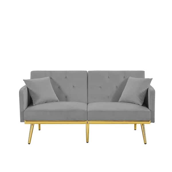 Unbranded 59 in. Gray Velvet Upholstered Twin Size Sofa Bed with 2-Pillows Gold Metal Legs 3 Adjustable Positions