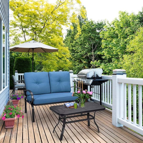 2-Pieces Metal Outdoor Patio Conversation Set with Blue Cushion
