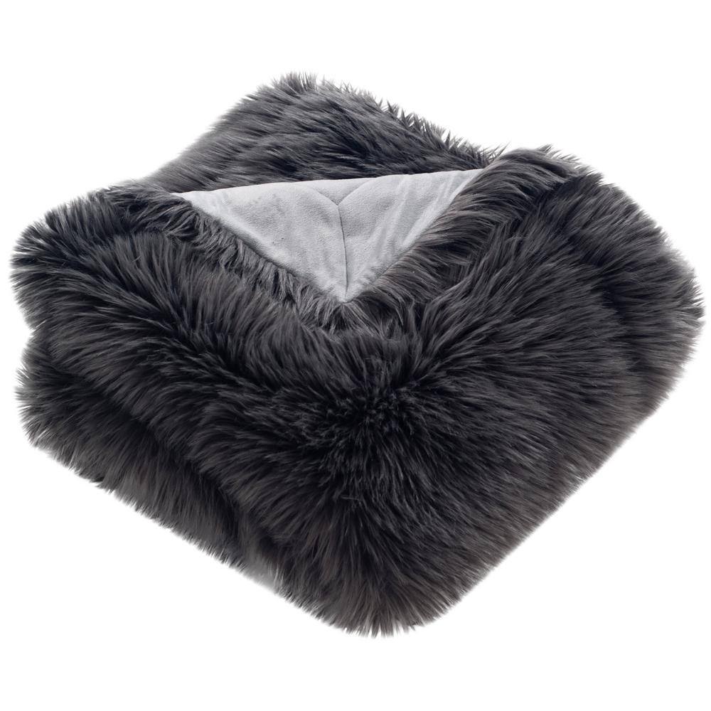 Luxurious Gray Faux Fur Throw Blanket with Poly-Suede Backing