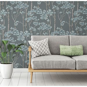 Birch Grove Blue Vinyl Peel and Stick Matte Wallpaper 30.75 sq. ft.