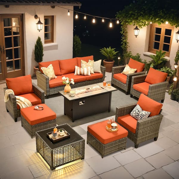Nvelyn Gray 9-Piece Wicker Patio Rectangle Fire Pit Conversation Set with Orange Red Cushions and Coffee Table